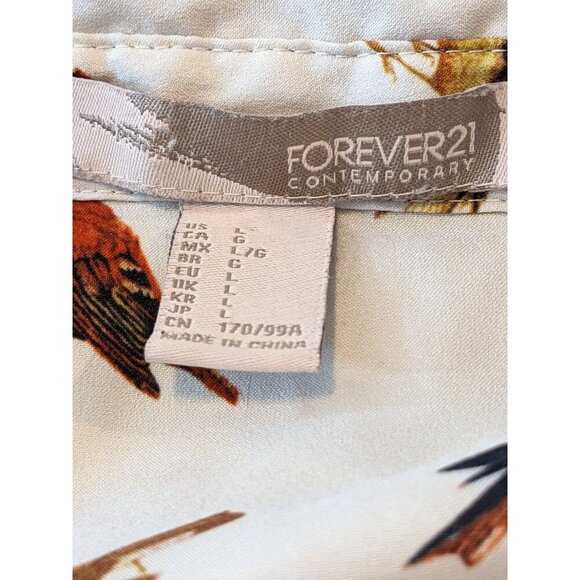 Forever 21 Womens Blouse Button Up Top Shirt Size L Cream All Over Bird Print - Picture 10 of 12